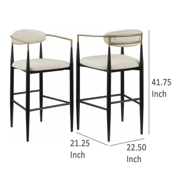 Tiara Bar Chair Set of 2, Beige Fabric, Gold Black Metal 30 Inch