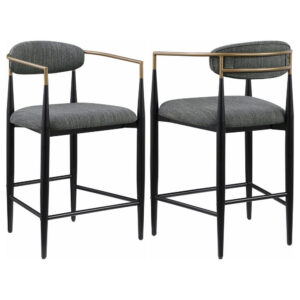 Tiara Counter Chair Set of 2, Gray Fabric, Gold, Black Metal 25 Inch
