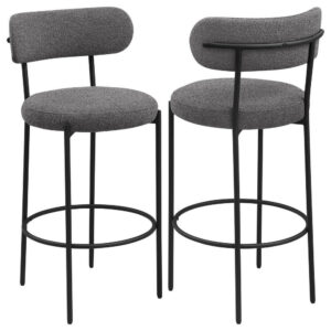 Winona Bar Chair Set of 2, Gray Boucle Fabric, Black Metal 30 Inch
