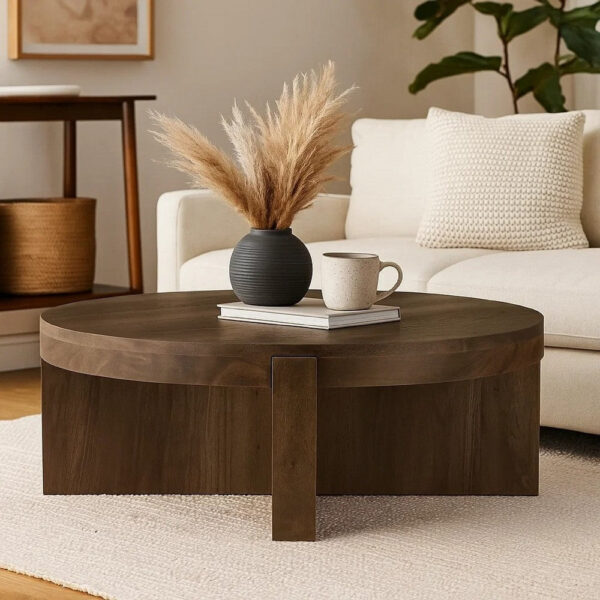 150220266992245a1fb02.jpeg Kinaj Coffee Table, Dark Brown Solid Mango Wood, Round 38 Inch Top