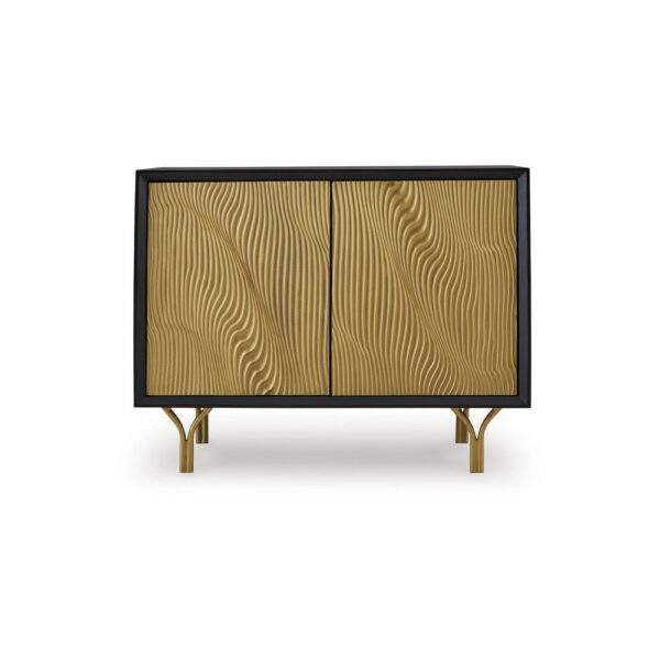150220266992248fe73ec.jpeg Yien Sideboard Console, 2 Carved Doors, Gold Legs, Black Wood 40 Inch
