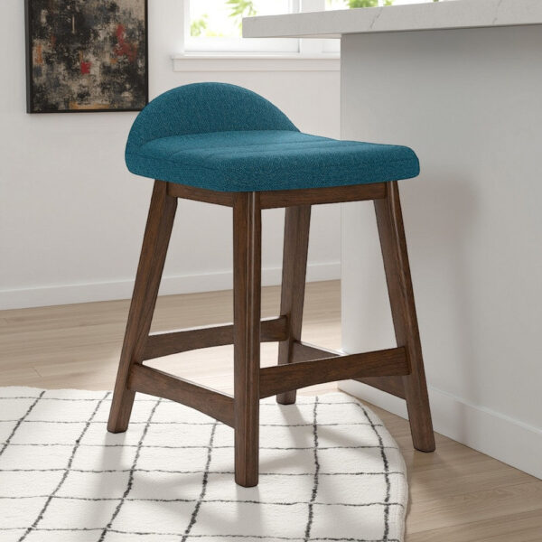 Jeyn Counter Stool with Footrest Set of 2, Brown Hardwood, Blue Seat