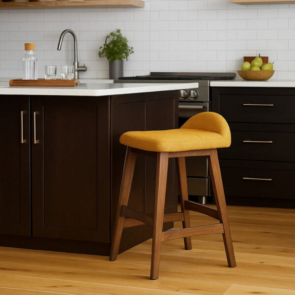 Jeyn Counter Stool with Footrest Set of 2, Brown Hardwood, Yellow Seat