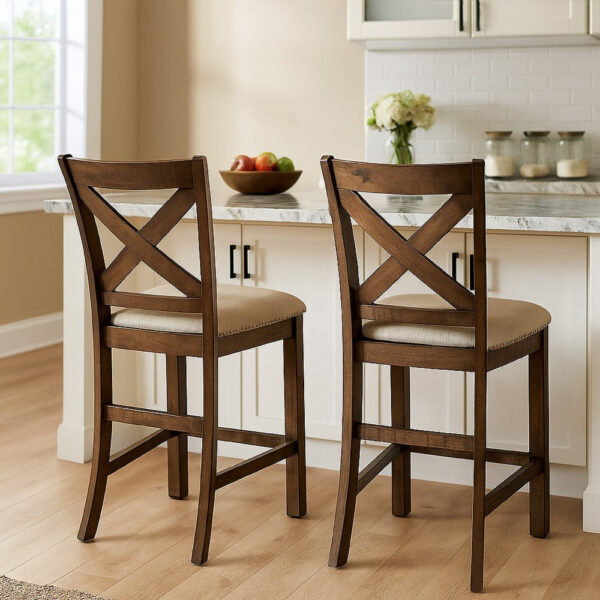 Chip Counter Height Chair Set of 2, Distress Nutmeg Wood, Polyester