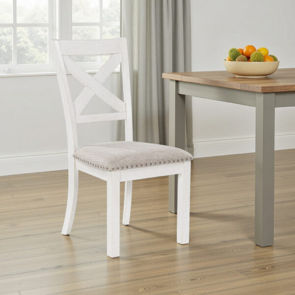 Lea Dining Side Chair Set of 2, Classic White Wood, Gray Polyester