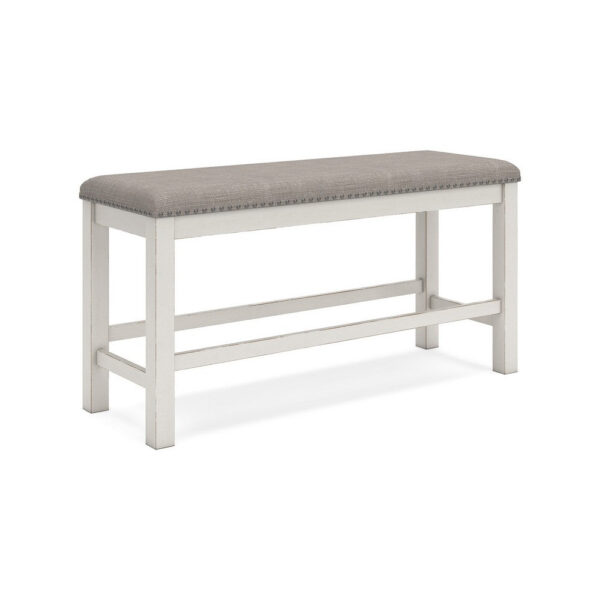 Lea Counter Height Dining Bench, Classic White Wood, Gray Polyester