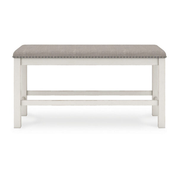 Lea Counter Height Dining Bench, Classic White Wood, Gray Polyester