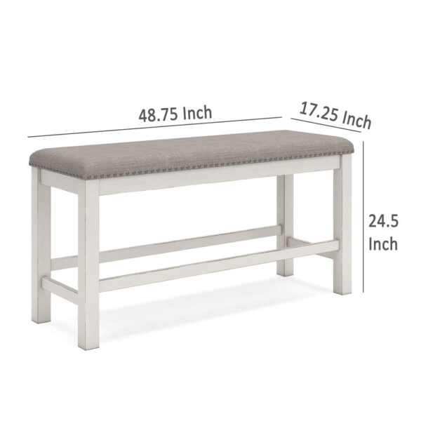 Lea Counter Height Dining Bench, Classic White Wood, Gray Polyester