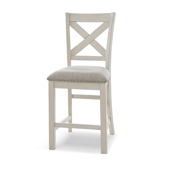 Lea Counter Height Chair Set of 2, White Solid Wood, Gray Polyester
