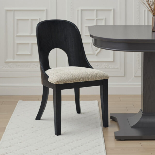 Robeck Dining Side Chair Set of 2, Herringbone Polyester, Black Wood