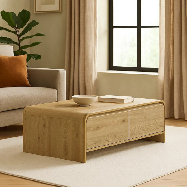 Maria Coffee Table, 2 Drawer and Waterfall Style, Beige Wood 47 Inch