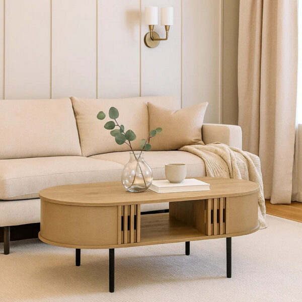 150220266992276f43546.jpeg Brandon Cocktail Coffee Table with Inner Shelf, Oval Light Beige Wood