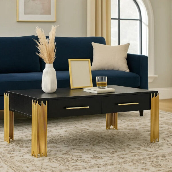 Theo Coffee Table, 2 Drawers, Gold Metal, Retro Black Wood 48 Inch