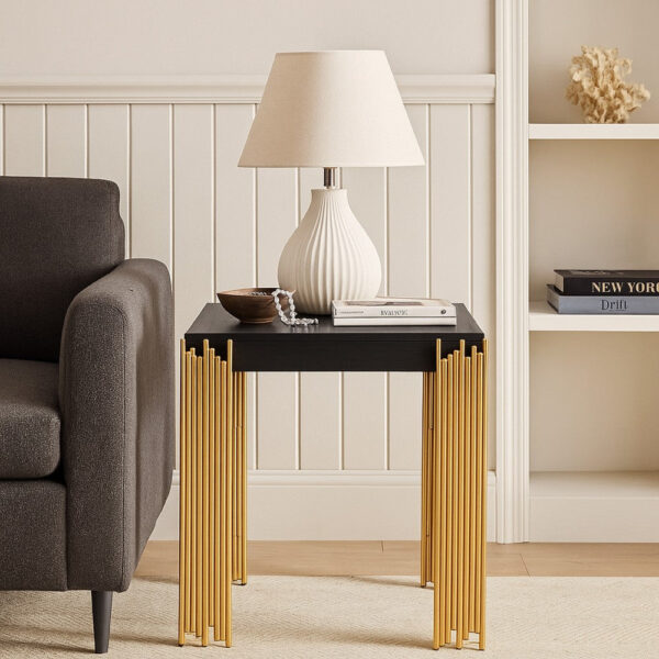 Theo Side End Table, Retro Gold Metal Legs, Black Wood, Square 25 Inch