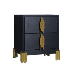 Theo Nightstand, 2 Drawers, Retro Gold Handles and Black Wood, 25 Inch
