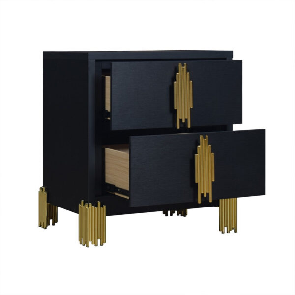 Theo Nightstand, 2 Drawers, Retro Gold Handles and Black Wood, 25 Inch