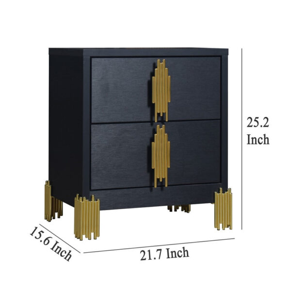 Theo Nightstand, 2 Drawers, Retro Gold Handles and Black Wood, 25 Inch