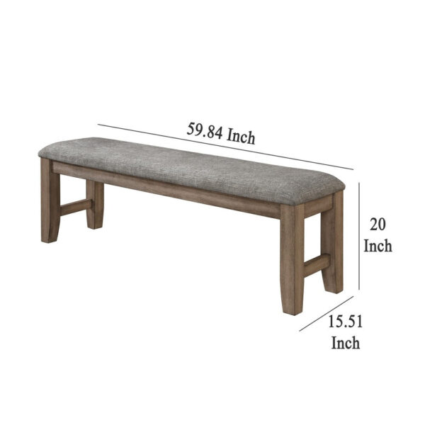 Harris Dining Bench, Gray Fabric, Brown Solid Rubberwood, 60 Inch