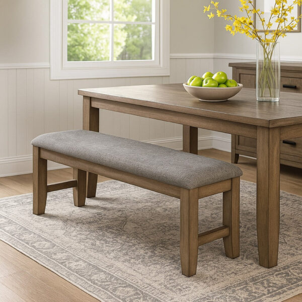 Harris Dining Bench, Gray Fabric, Brown Solid Rubberwood, 60 Inch