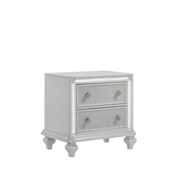 Stacy Nightstand with 2 Drawers and LED Lights, Silver and White Wood