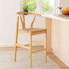 Cera Wishbone Barstool Chair, Handwoven Rope Seat, Natural Brown Wood