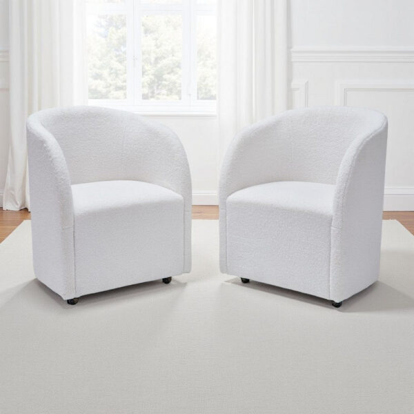 Robeck Dining Armchair Set of 2 with Wheels, Ivory Boucle Polyester