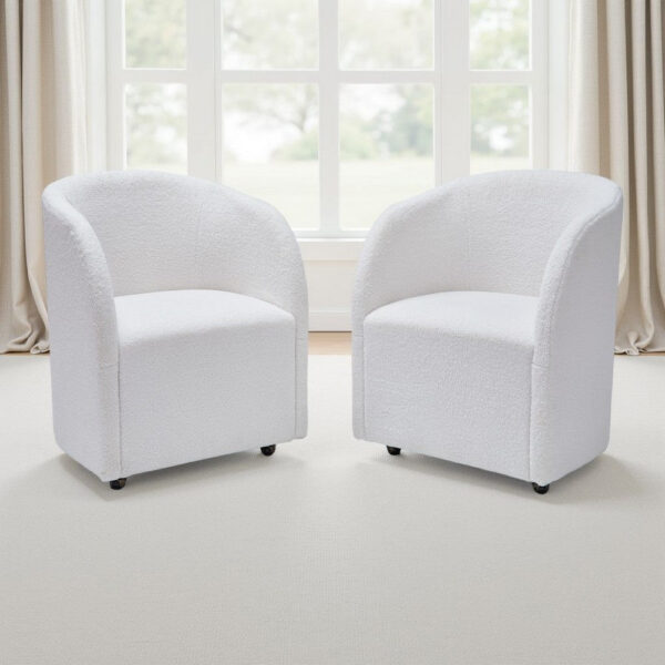 Robeck Dining Armchair Set of 2 with Wheels, Ivory Boucle Polyester