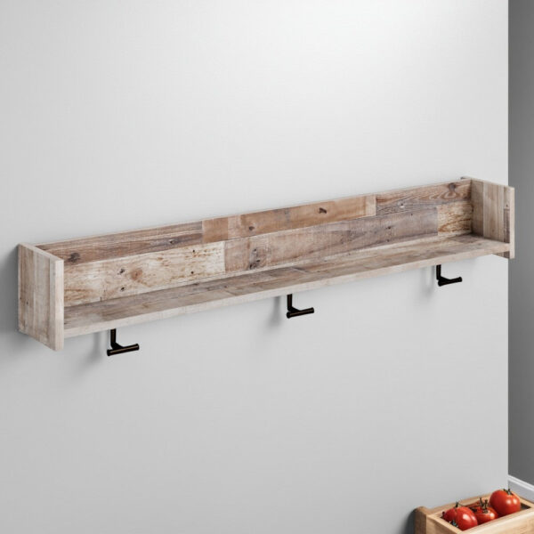 Elis Wall Mounted Coat Rack, 3 Hooks and Shelf, Butcher Block White