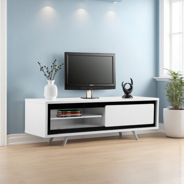 Hle TV Stand Media Console, Low Profile 59 Inch White Black Lacquer