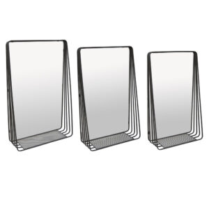 3pc Decorative Wall Mirror with Shelf Set, Black Metal Rectangular