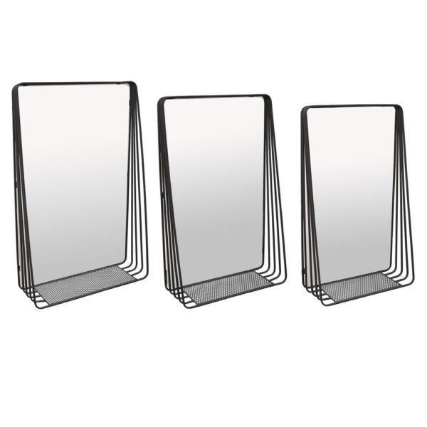 3pc Decorative Wall Mirror with Shelf Set, Black Metal Rectangular