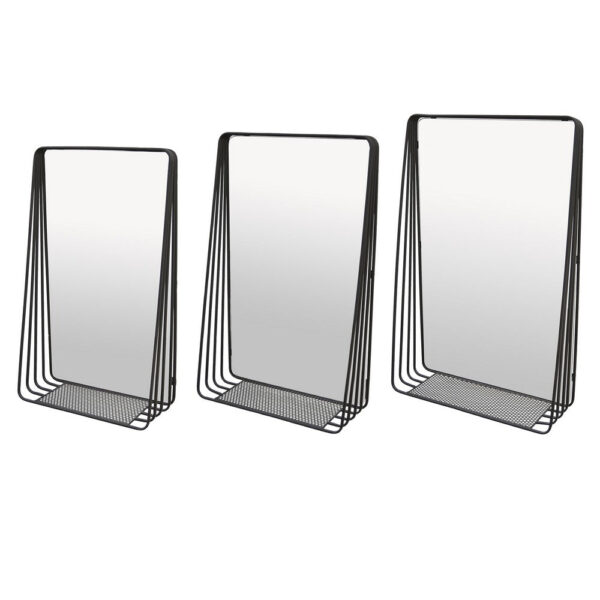 3pc Decorative Wall Mirror with Shelf Set, Black Metal Rectangular