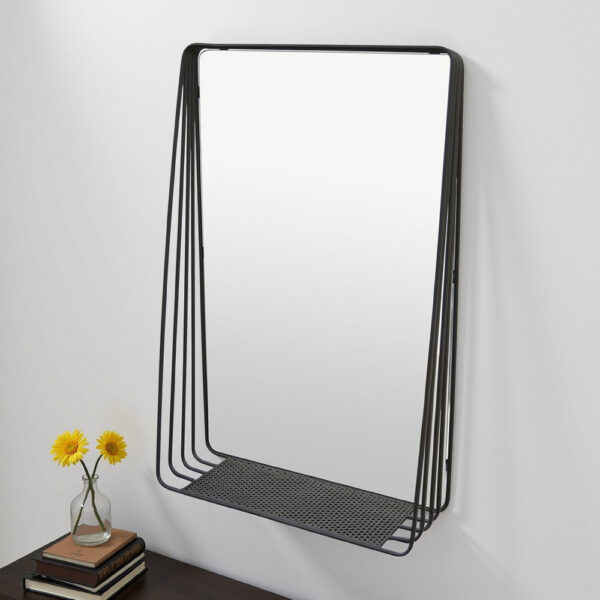 3pc Decorative Wall Mirror with Shelf Set, Black Metal Rectangular