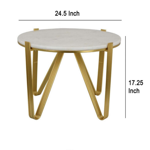 Glam Plant Stand Table, White Marble, Gold Metal Texture Legs, 25 Inch