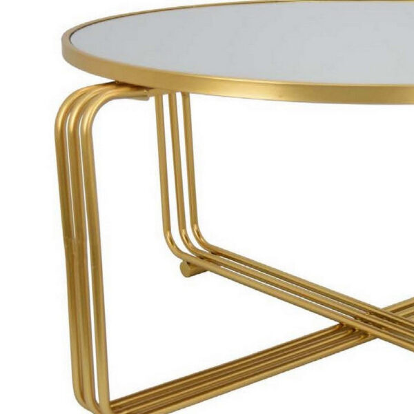 Plant Stand Coffee Table, 37 Inch Round Mirror Top, Modern Gold Metal