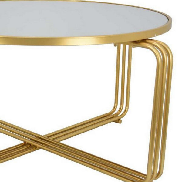 Plant Stand Coffee Table, 37 Inch Round Mirror Top, Modern Gold Metal