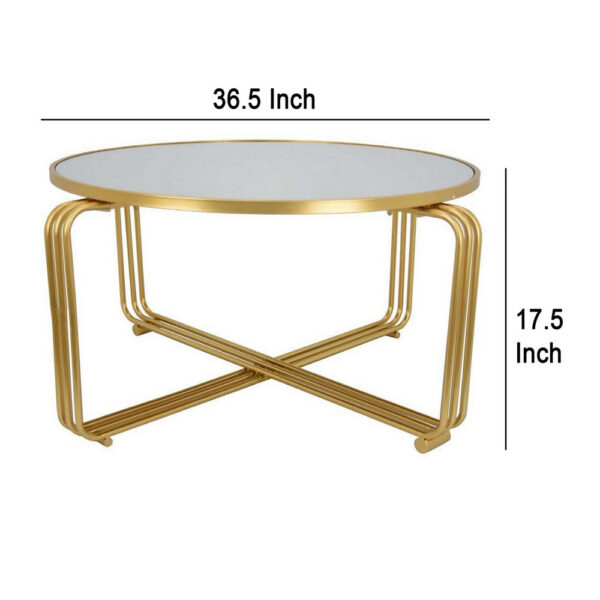 Plant Stand Coffee Table, 37 Inch Round Mirror Top, Modern Gold Metal