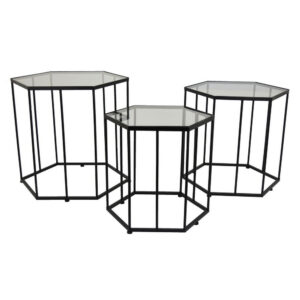 1502202669922c19b1ed2.jpeg Kellie Plant Stand Table Set of 3, Black Metal, Hexagon Glass Tops