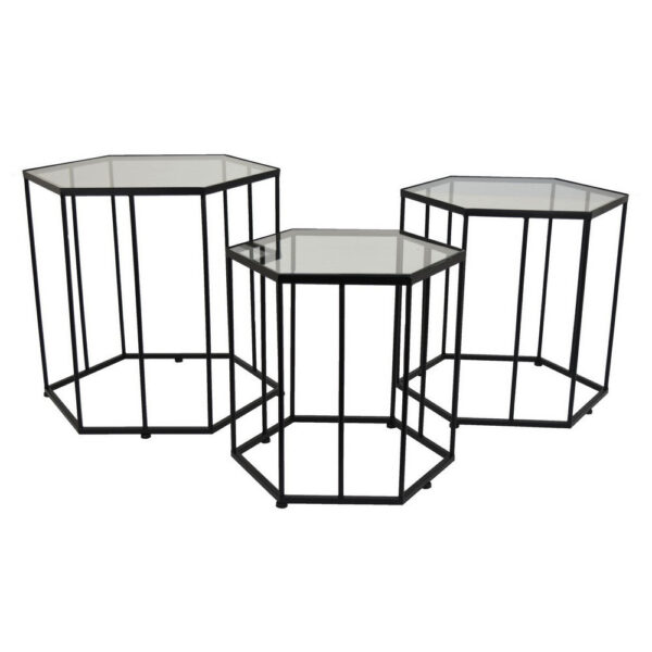 Kellie Plant Stand Table Set of 3, Black Metal, Hexagon Glass Tops