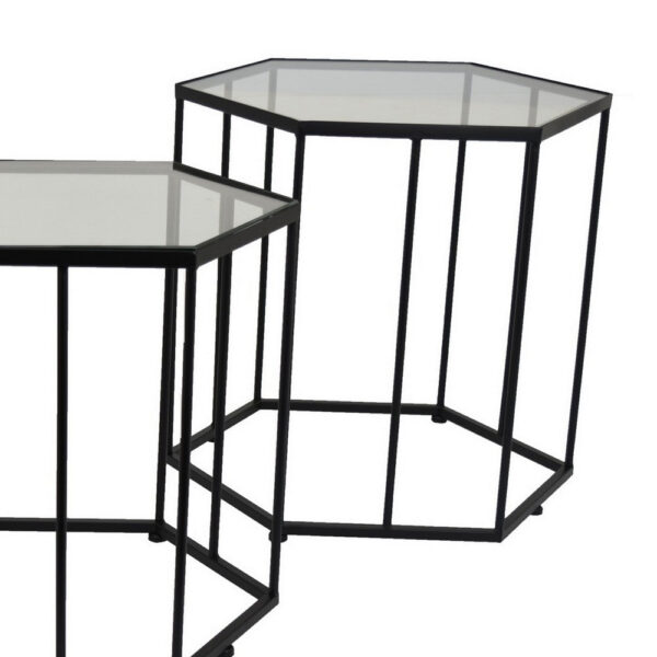 Kellie Plant Stand Table Set of 3, Black Metal, Hexagon Glass Tops