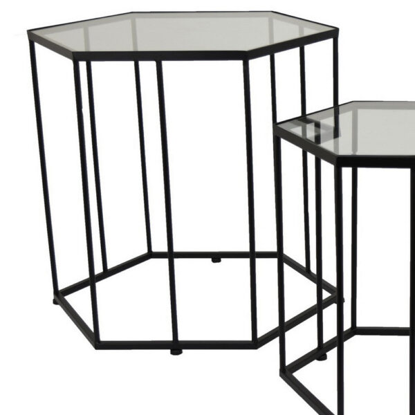 Kellie Plant Stand Table Set of 3, Black Metal, Hexagon Glass Tops