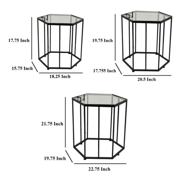 Kellie Plant Stand Table Set of 3, Black Metal, Hexagon Glass Tops