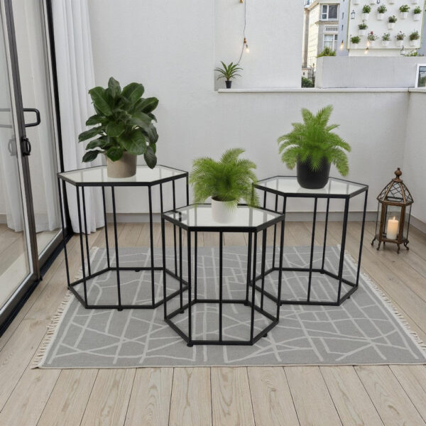 Kellie Plant Stand Table Set of 3, Black Metal, Hexagon Glass Tops