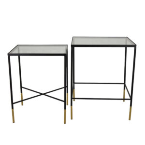 Kellie Plant Stand Table Set of 2, Black Metal with Clear Glass Tops
