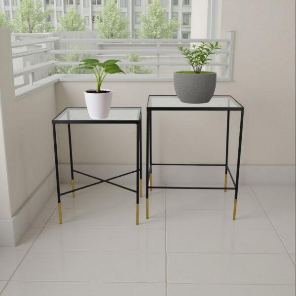 Kellie Plant Stand Table Set of 2, Black Metal with Clear Glass Tops