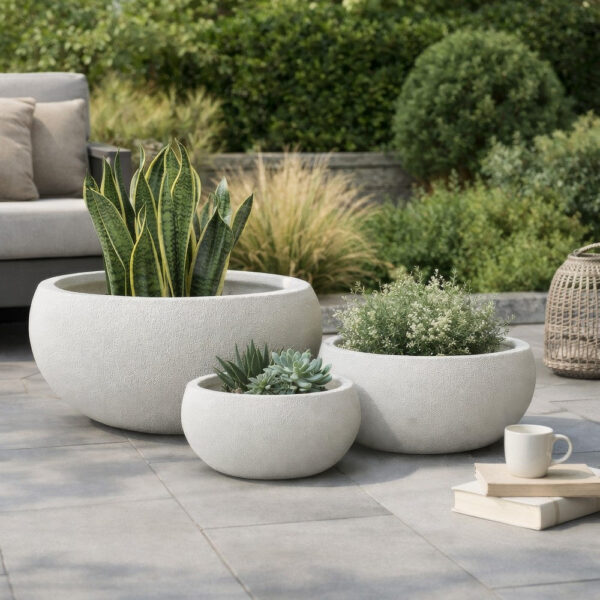 Keyan Accent Planter Set of 3, White Resin, Modern Smooth Bowl Shape
