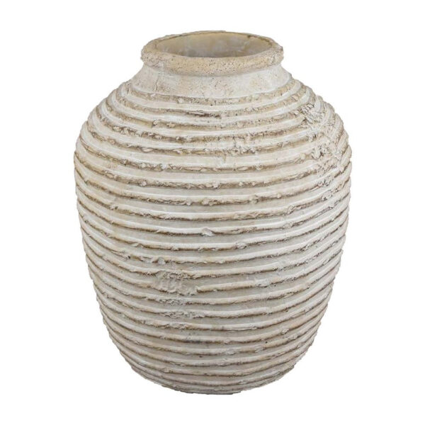 Lezlee Accent Planter, Beige Terracotta, Ridged Textured Urn, 13 Inch