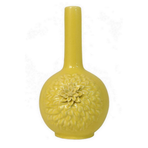 Remi Flower Vase, Narrow Neck, Yellow Ceramic w Floral Motifs, 16 Inch
