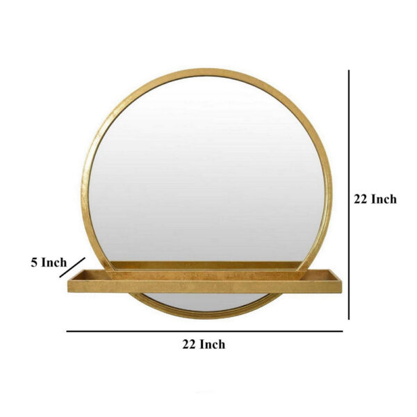 Feno Decorative Wall Mirror w Rack, 22 Inch Round Gold Metal Frame