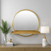 Feno Decorative Wall Mirror w Rack, 22 Inch Round Gold Metal Frame